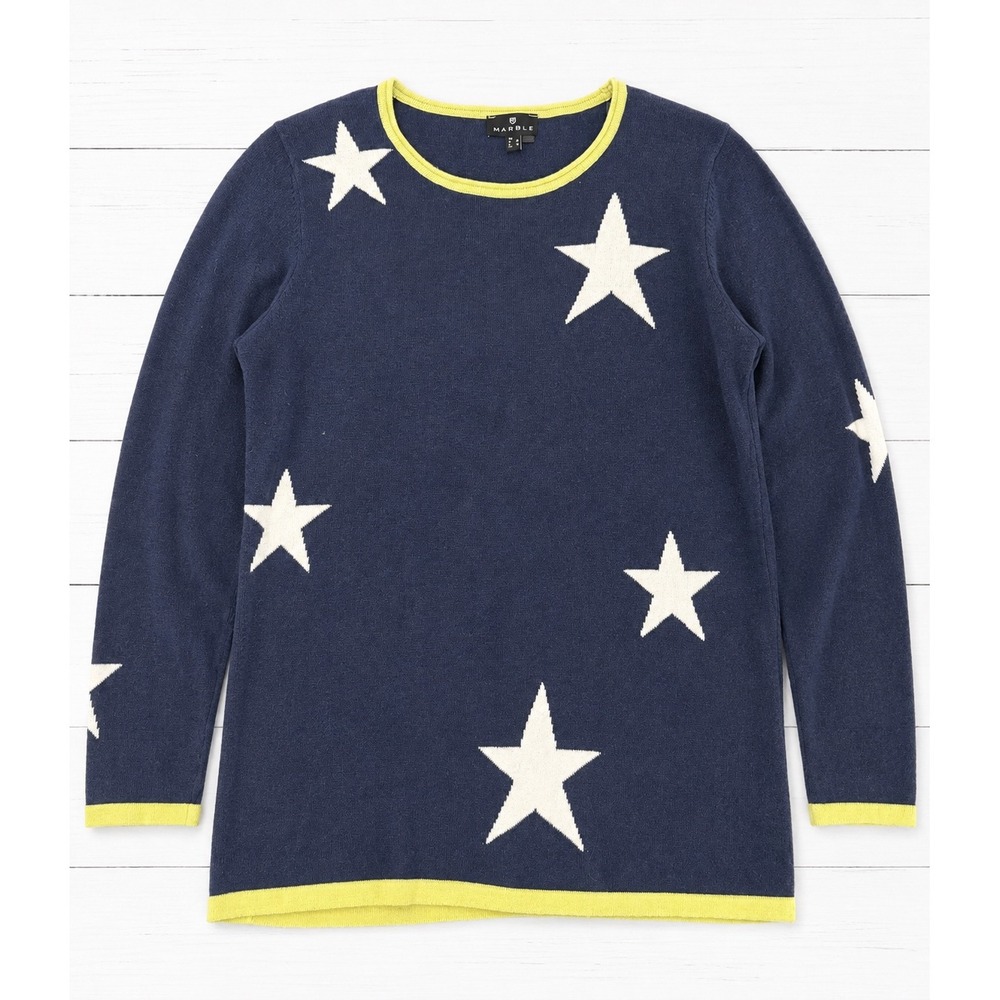 Marble Cotton Star Intarsia Sweater Navy Blue Lime Green Trim Size Small America